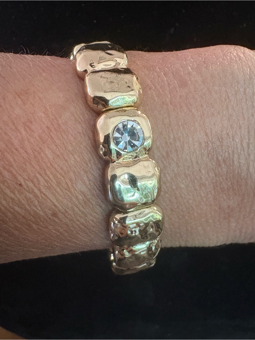 Chico’s Gold-Tone Hammered Link Stretch Bracelet with Clear Crystal Accent